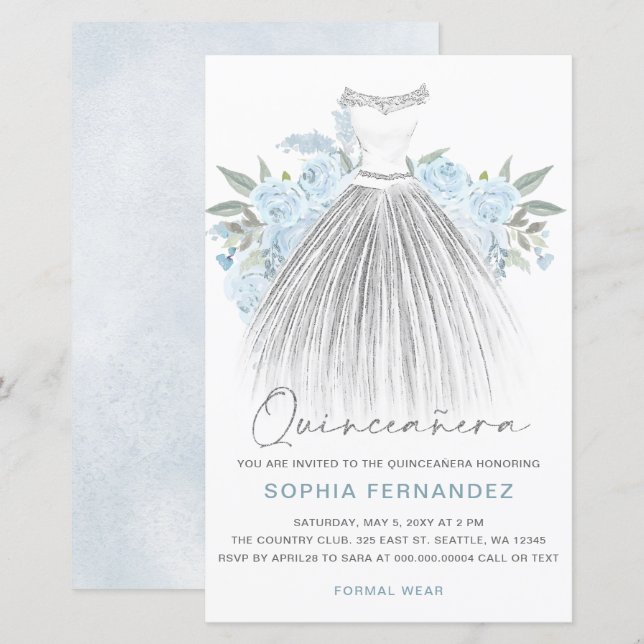 Lámina Invitación Quinceañera Dusty Blue Silver Vestido P (Anverso / Reverso)