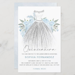 Lámina Invitación Quinceañera Dusty Blue Silver Vestido P