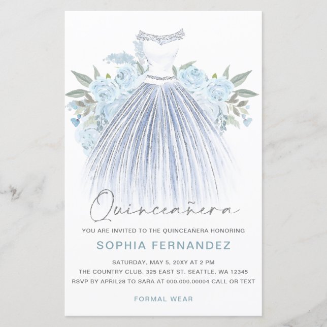Lámina Invitación Quinceañera Dusty Blue Silver Vestido P (Anverso)
