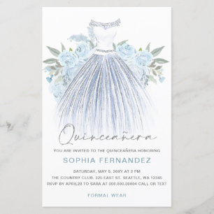 Lámina Invitación Quinceañera Dusty Blue Silver Vestido P
