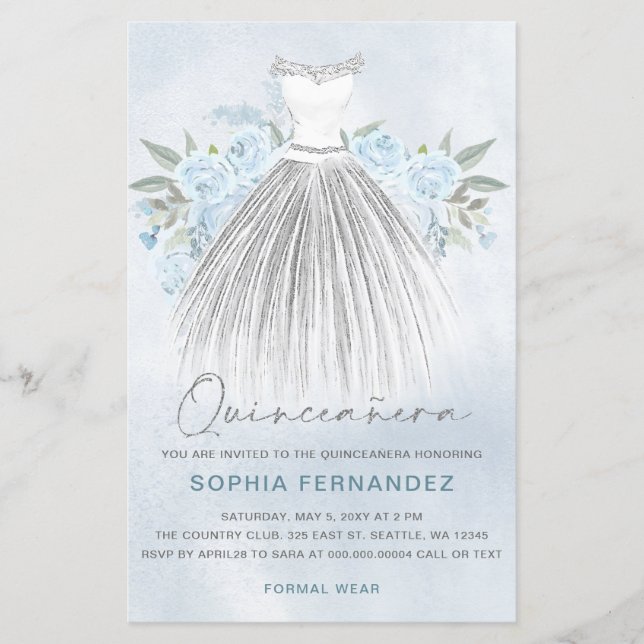 Lámina Invitación Quinceañera Dusty Blue Silver Vestido P (Anverso)