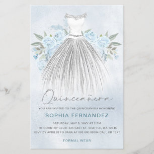 Lámina Invitación Quinceañera Dusty Blue Silver Vestido P