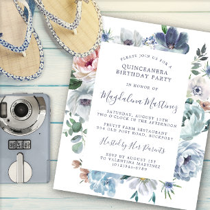 Lámina Invitación Quinceanera floral azul turquesa