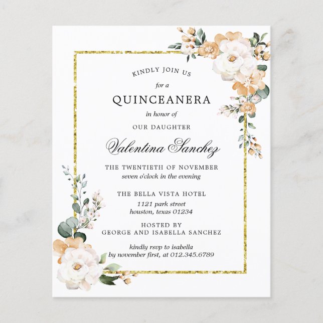 Lámina Invitación Quinceanera floral de oro blanco de pre (Anverso)