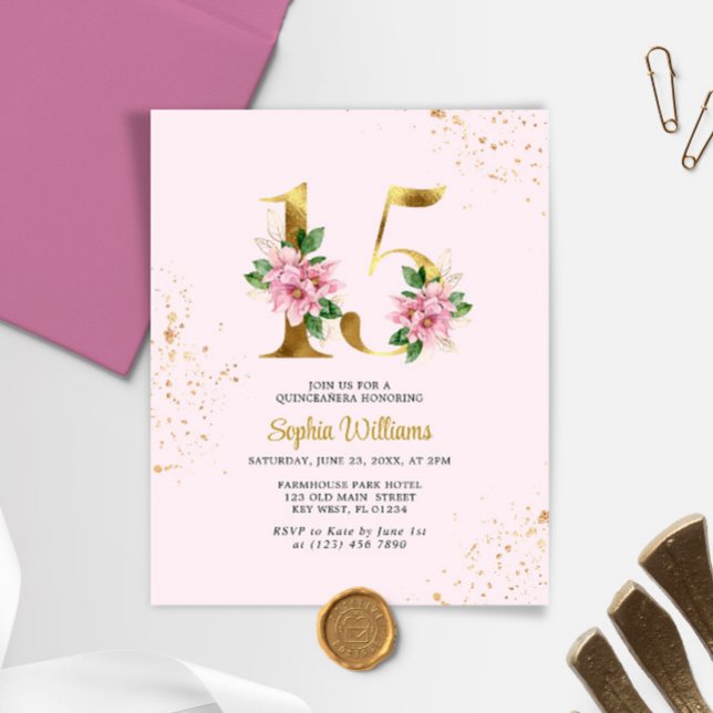 Lámina Invitación Quinceañera floral de oro de presupuest (Subido por el creador)