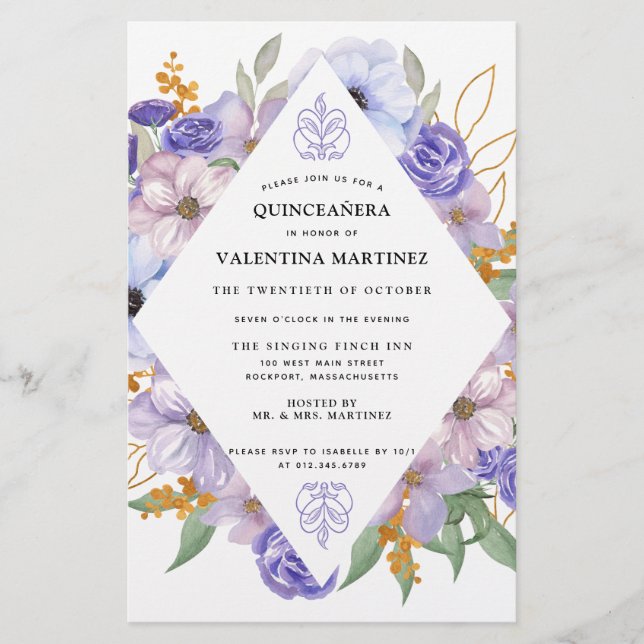 Lámina Invitación Quinceanera floral de oro púrpura de pr (Anverso)