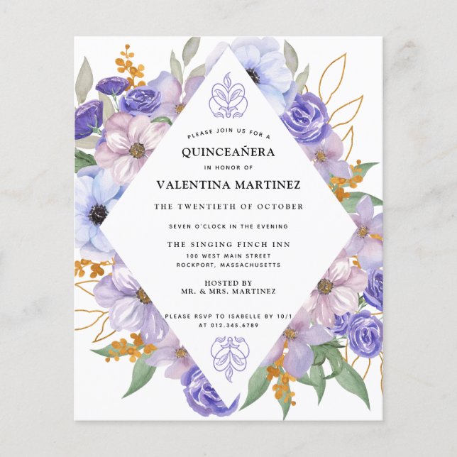 Lámina Invitación Quinceanera floral de oro púrpura de pr (Anverso)