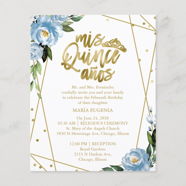 Lámina Invitación Quinceanera Presupuestaria Azul bilingü (Anverso)