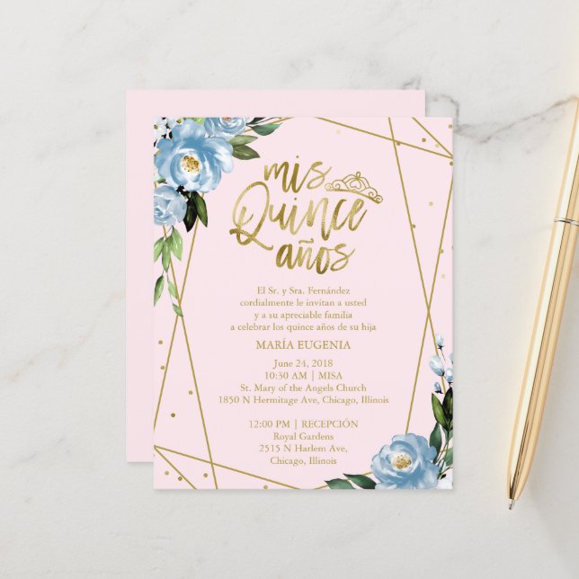 Lámina Invitación Quinceanera Presupuestaria Azul Rosa Es (Anverso/Reverso In Situ)