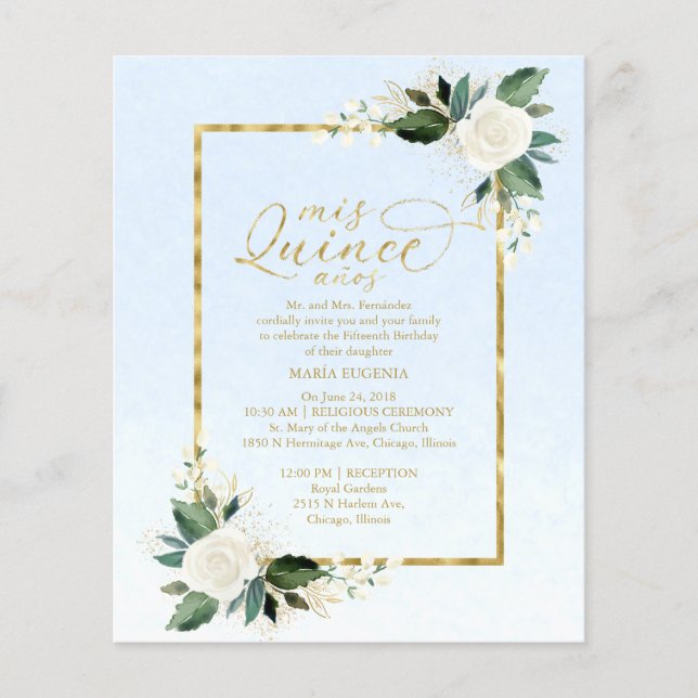 Lámina Invitación Quinceanera Presupuestaria Floral Azul  (Anverso)