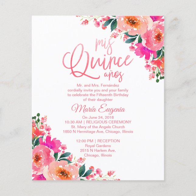 Lámina Invitación Quinceanera Presupuestaria Floral Bilin (Anverso)