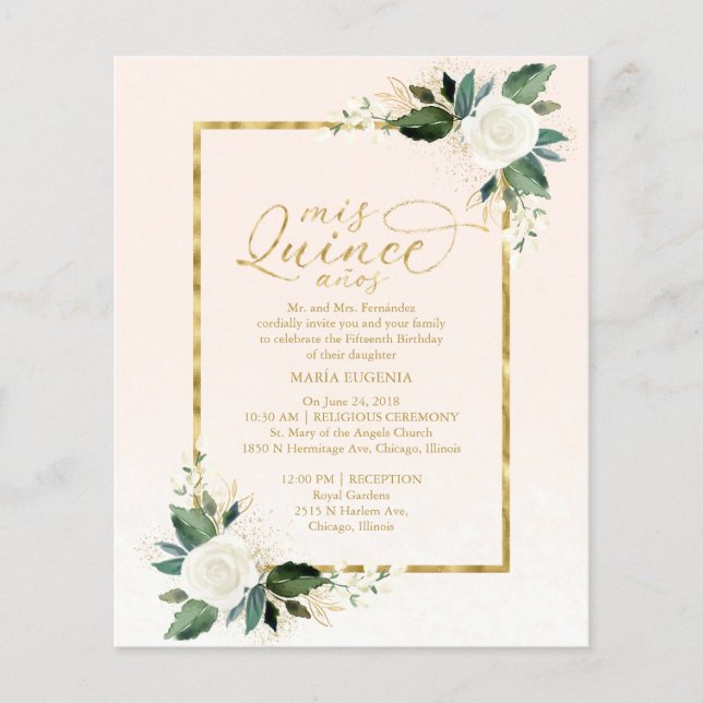 Lámina Invitación Quinceanera Presupuestaria Floral de or (Anverso)