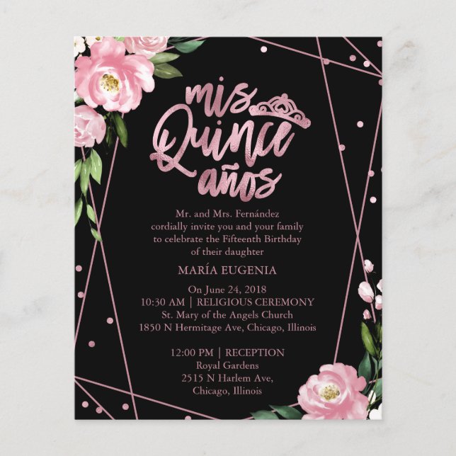Lámina Invitación Quinceanera Presupuestaria Negro Biling (Anverso)
