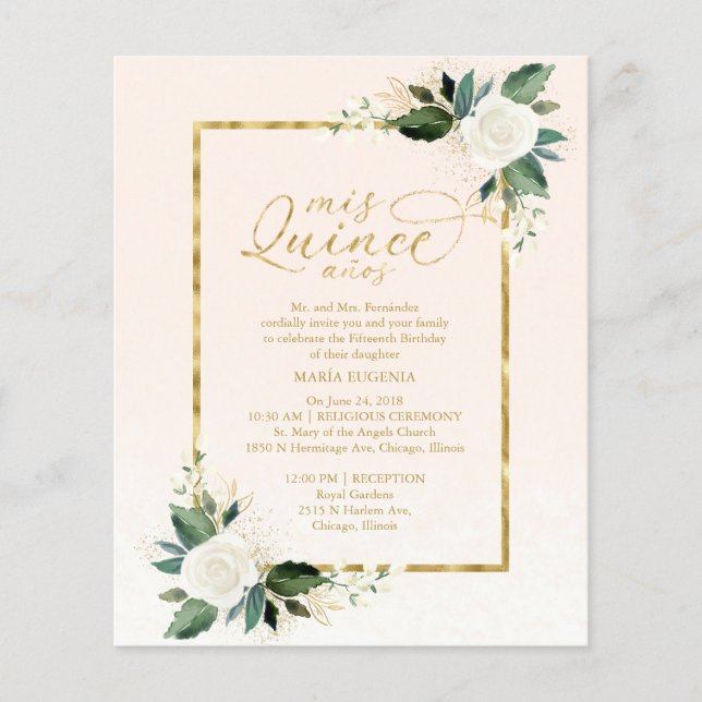 Lámina Invitación Quinceanera Presupuestaria Oro Rosa Bil (Anverso)