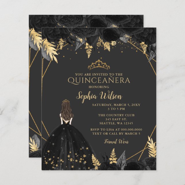 Lámina Invitación Quinceañera Princesa de Oro Negro Presu (Anverso / Reverso)