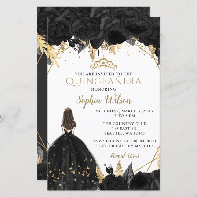 Lámina Invitación Quinceañera Princesa de Oro Negro Presu (Anverso / Reverso)