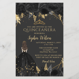 Lámina Invitación Quinceañera Princesa de Oro Negro Presu