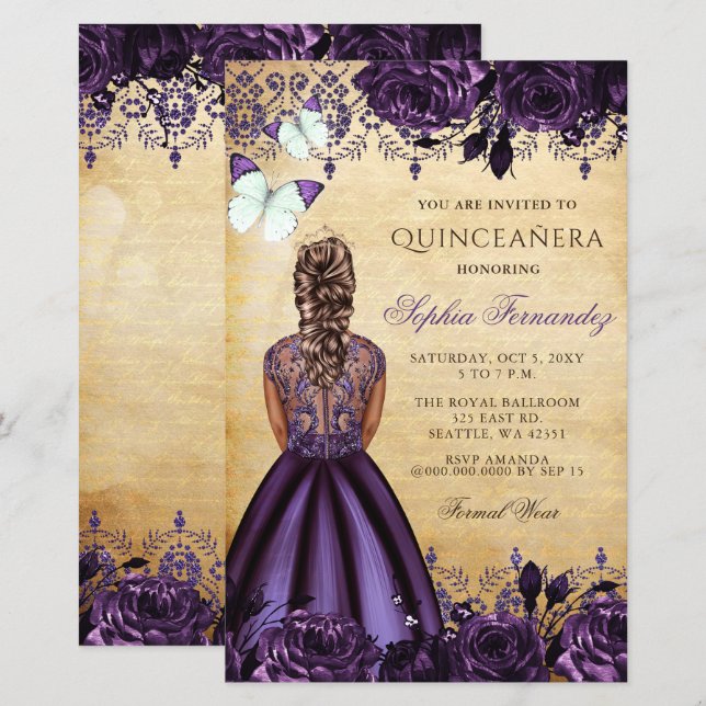Lámina Invitación Quinceañera Princesa Púrpura Presupuest (Anverso / Reverso)