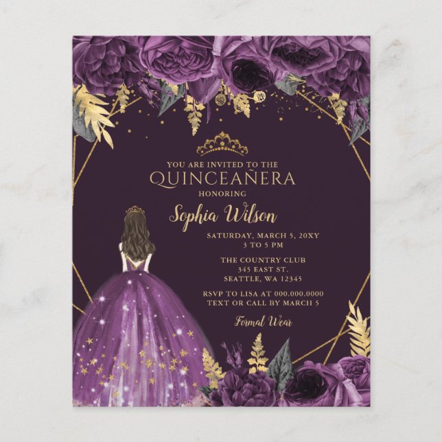 Lámina Invitación Quinceañera Princesa Púrpura Presupuest (Anverso)