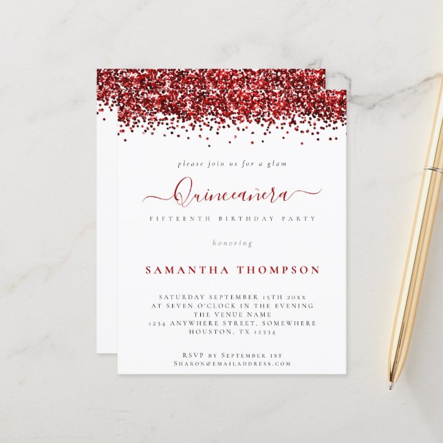 Lámina Invitación Quinceañera Purpurina Rojo de Glam Pres (Anverso/Reverso In Situ)