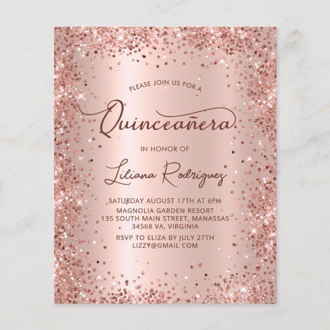 Lámina Invitación Quinceanera Rosa de presupuesto Purpuri (Anverso)