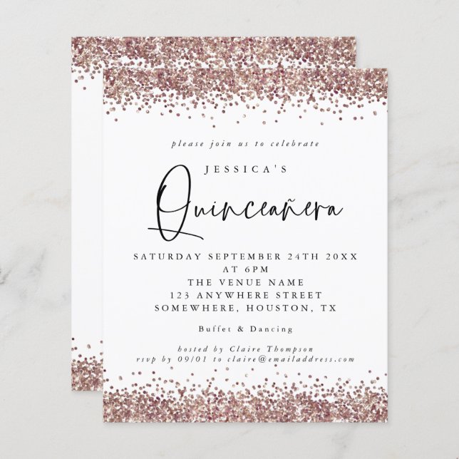 Lámina Invitación Quinceanera Rosa de presupuesto Purpuri (Anverso / Reverso)