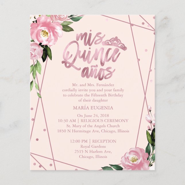 Lámina Invitación Quinceanera Rosa de presupuesto Rubor r (Anverso)