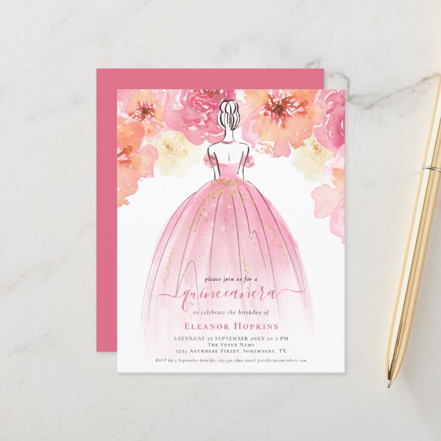 Lámina Invitación Quinceanera rosa para florales de presu (Anverso/Reverso In Situ)