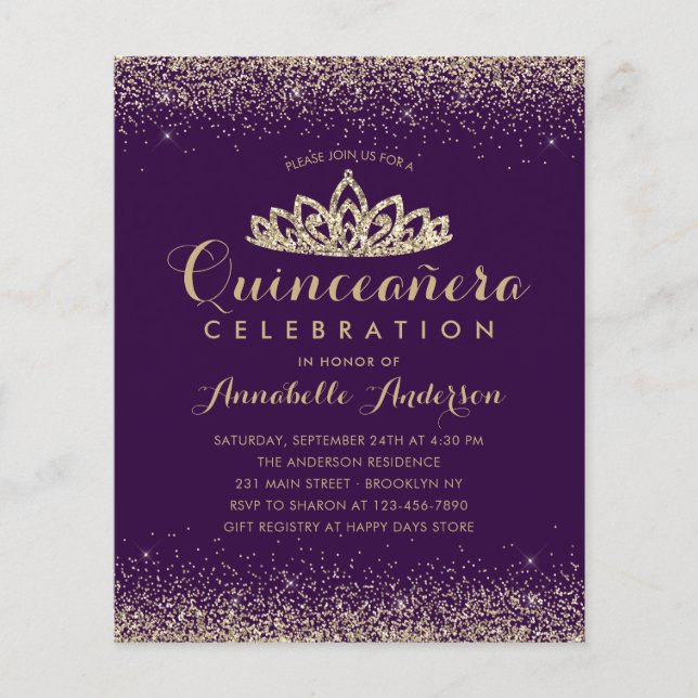 Lámina Invitación Quinceañera Tiara de oro violeta púrpur (Anverso)