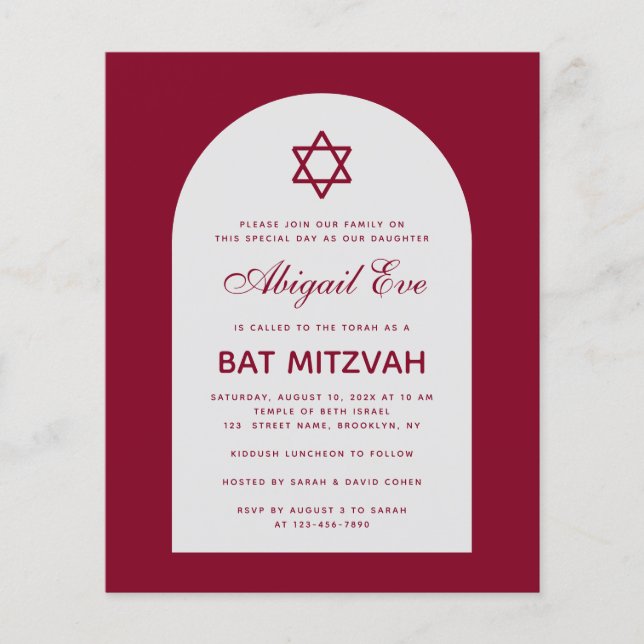 Lámina Invitación roja al presupuesto del Arco Mitzvah de (Anverso)