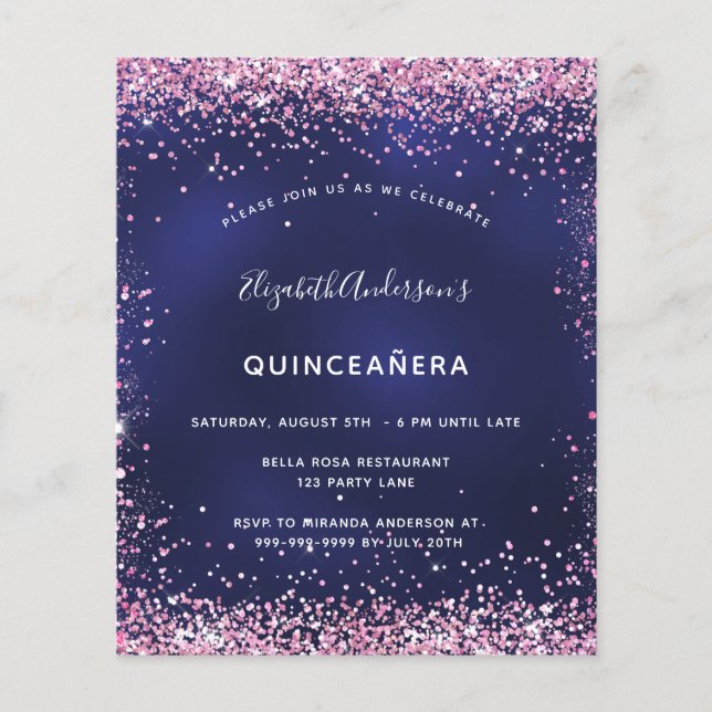 Lámina Invitación rosa azul marino del fiesta Quinceanera (Anverso)