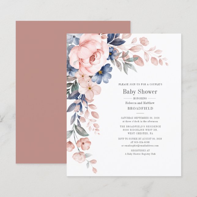 Lámina Invitación rosa Baby Shower de Parejas Florales Pr (Anverso / Reverso)