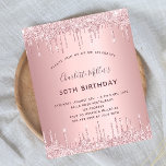 Lámina Invitación rosa de  de purpurina rosa de cumpleaño<br><div class="desc">Una invitación moderna, elegante y glamurosa para una fiesta de cumpleaños número 50 (o cualquier edad) de una mujer. Un rosa polvoriento, color rosa falso metálico con un falso goteo purpurina, pinta goteante. El nombre está escrito con un guión moderno de estilo con letras de color rosa oscuro y dorado....</div>