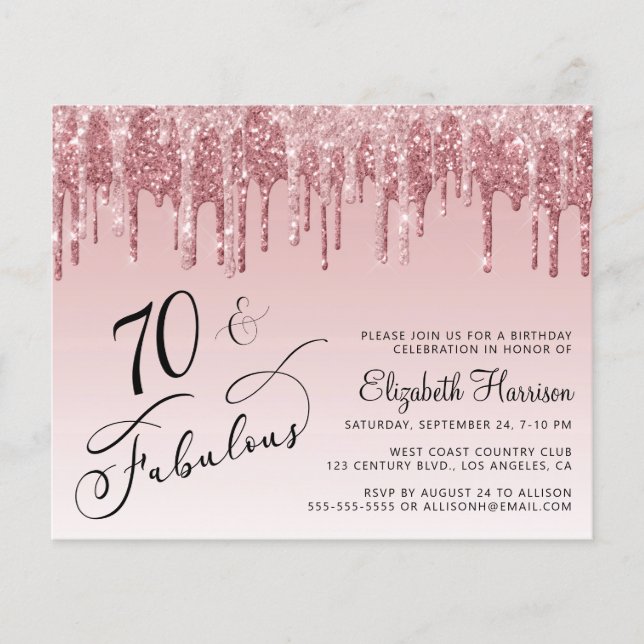 Lámina Invitación Rosa de oro  Purpurina de cumpleaños 70 (Anverso)