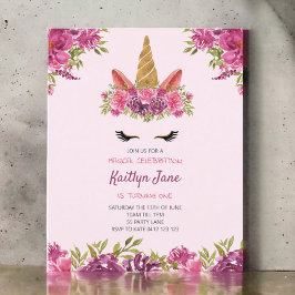 Lámina Invitación rosa de unicornio floral de color acuát