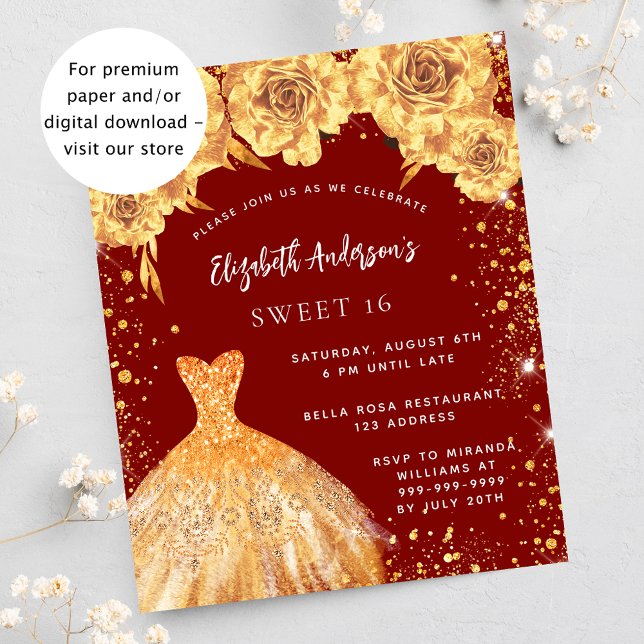 Lámina Invitación rosa de vestido dorado dulce 16 rojo (Subido por el creador)