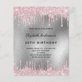 Lámina Invitación rosa del purpurina de plata de cumpleañ