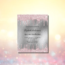 Lámina Invitación rosa del purpurina plateado Quinceanera
