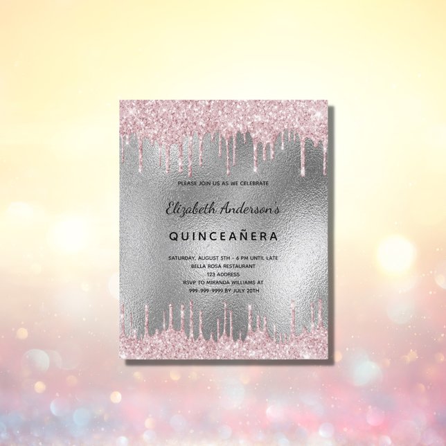Lámina Invitación rosa del purpurina plateado Quinceanera (Subido por el creador)