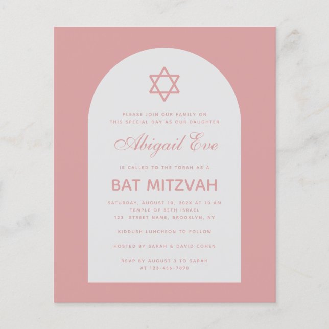 Lámina Invitación rosa polvoriento Bat Mitzvah arco presu (Anverso)