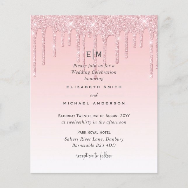 Lámina Invitación rosada de Purpurina Boda de presupuesto (Anverso)