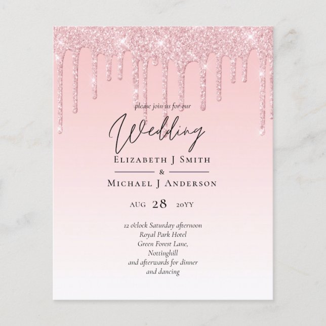 Lámina Invitación rosada de Purpurina Boda de presupuesto (Anverso)