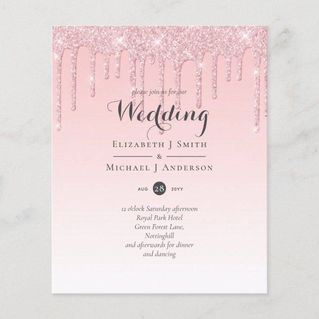 Lámina Invitación rosada de Purpurina Boda de presupuesto (Anverso)