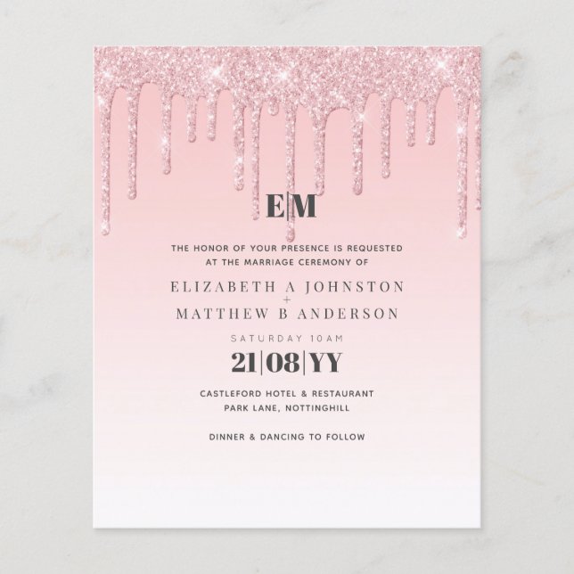 Lámina Invitación rosada de Purpurina Boda de presupuesto (Anverso)