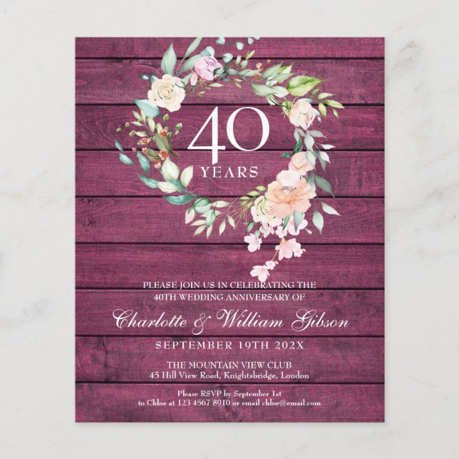 Lámina Invitación Rustic Ruby Wood del 40 aniversario del (Anverso)