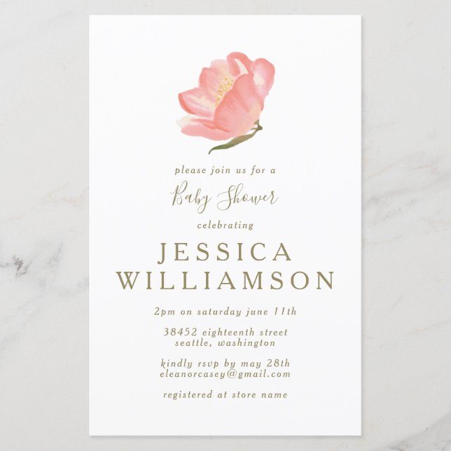 Lámina Invitación simple a Baby Shower con flores rosadas (Anverso)