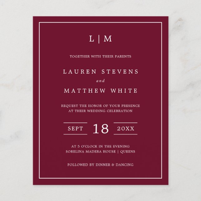 Lámina Invitación simple de bodas en monograma de borgoña (Anverso)