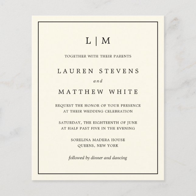 Lámina Invitación simple de matrimonio de monograma crema (Anverso)