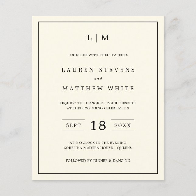 Lámina Invitación simple de matrimonio de monograma crema (Anverso)