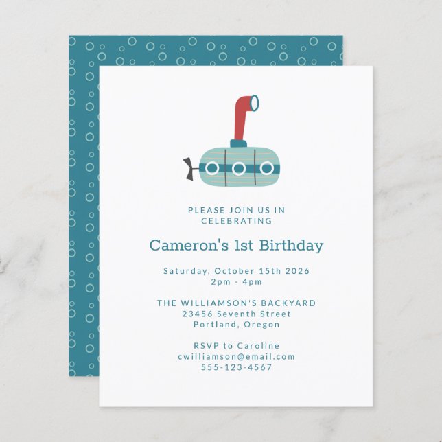 Lámina Invitación simple de primer cumpleaños para el sub (Anverso / Reverso)